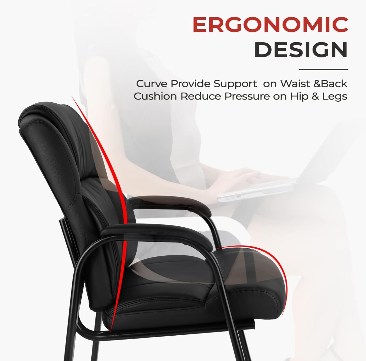 CLATINA Office Guest Chair - Leather Reception Chair with Padded Armrests, Sled Base, No Wheels - Set of 4 Black - Perfect for Conference Rooms, Waiting Areas & Home Offices