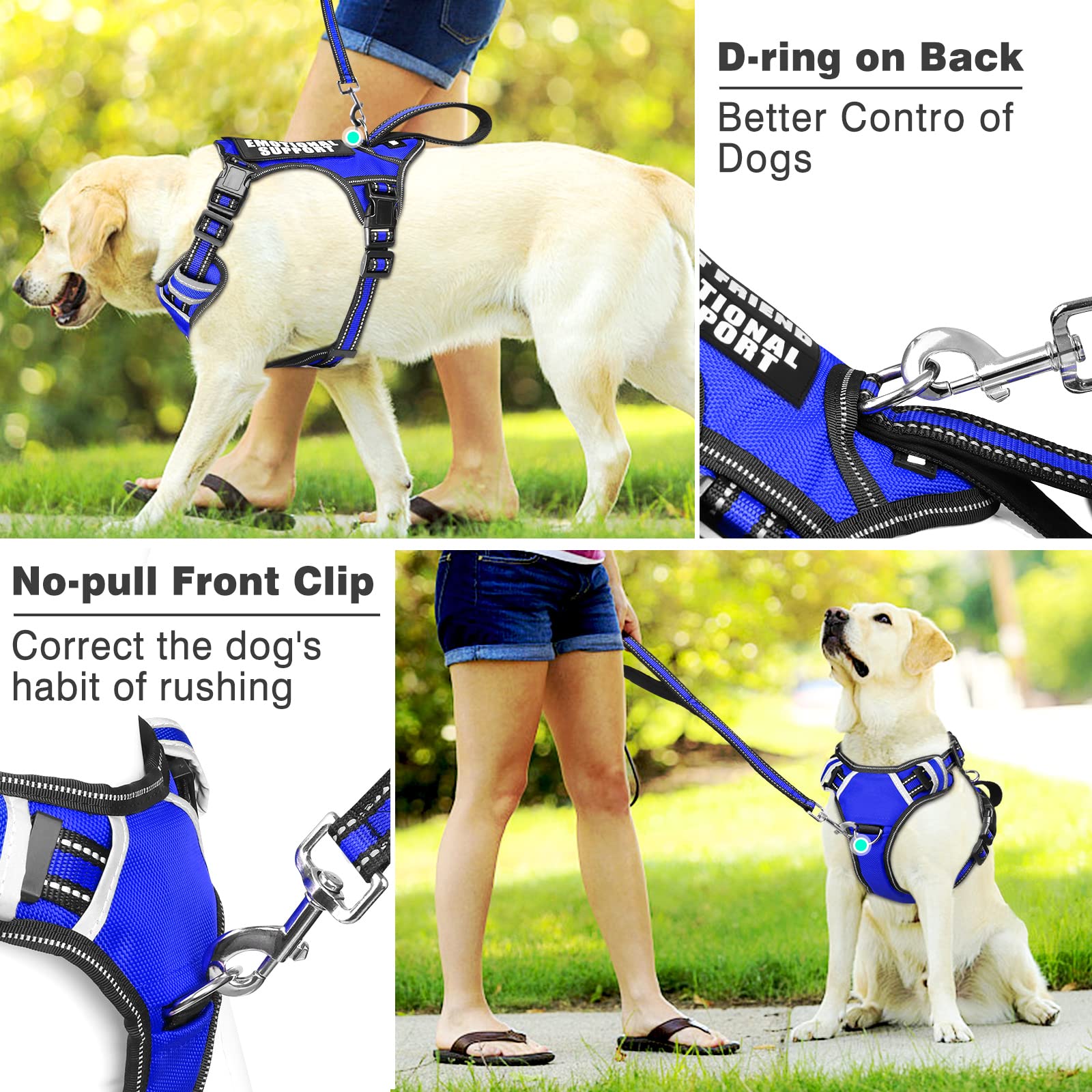 WINSEE No Pull Service Dog Vest with 7 Patches - Reflective Adjustable Dog Harness with Soft Padded Handle for Small Medium Large XL Dogs - Training Walking Outdoor Use (Medium, Dark Blue)