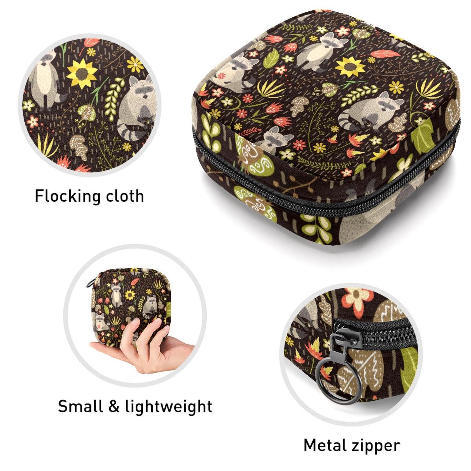 Menstrual Hygiene Pouch - Reusable Sanitary Pad & Menstrual Cup Organizer for Women & Girls - Cute Raccoon Print Travel Case - Perfect for School, Work, Gym & On-the-Go