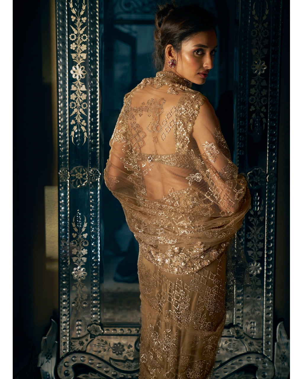 Antique Gold Sequin Sari Set - Elegant Indian Bridal Outfit for Weddings, Parties & Festive Occasions