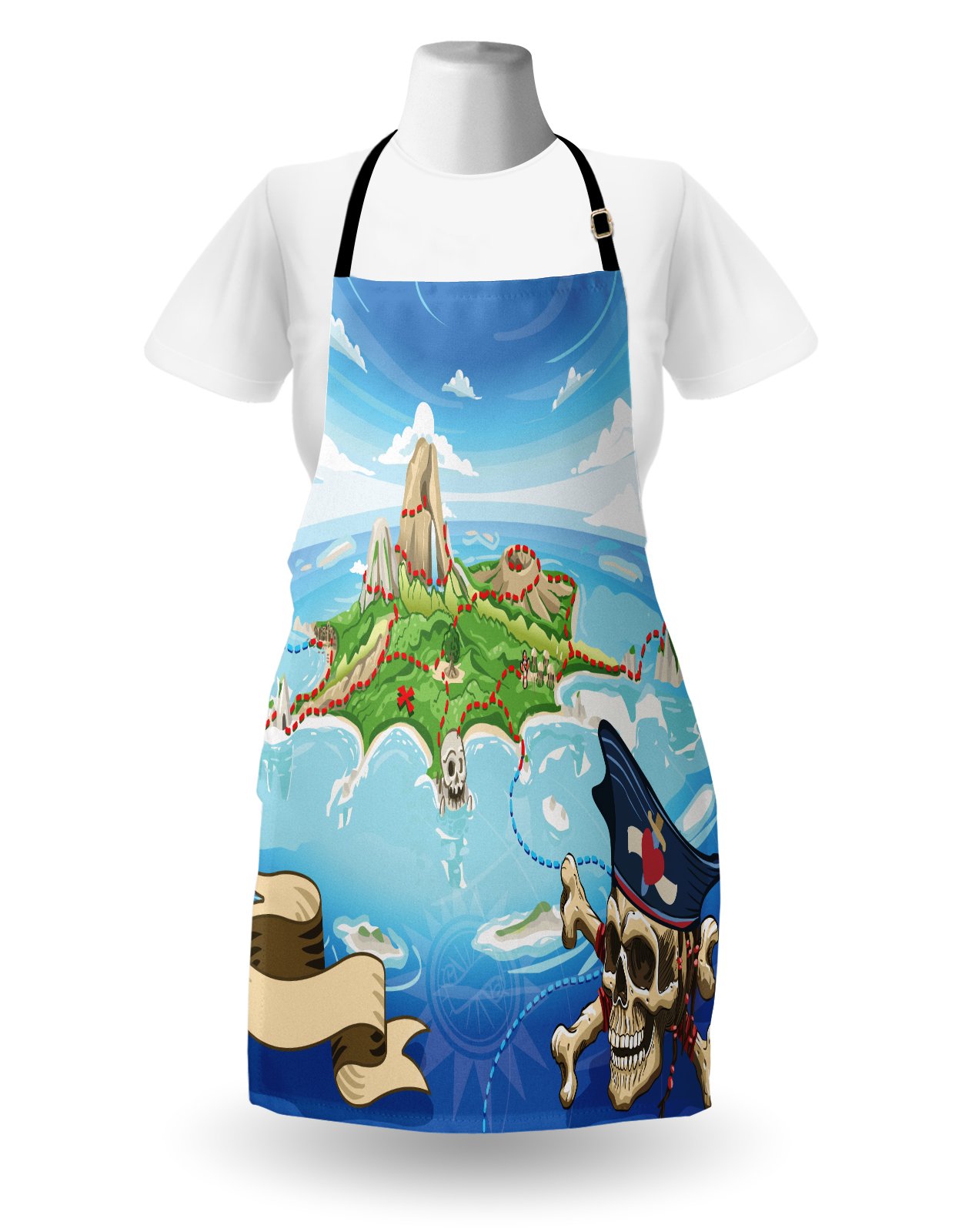 Ambesonne Fantasy Pirate Cove Island Map Apron - Unisex Kitchen Bib with Adjustable Neck for Cooking, Baking & Gardening - Aerial View Skull & Crossbones Design - Perfect for Home Chefs, BBQ Parties & Themed Events