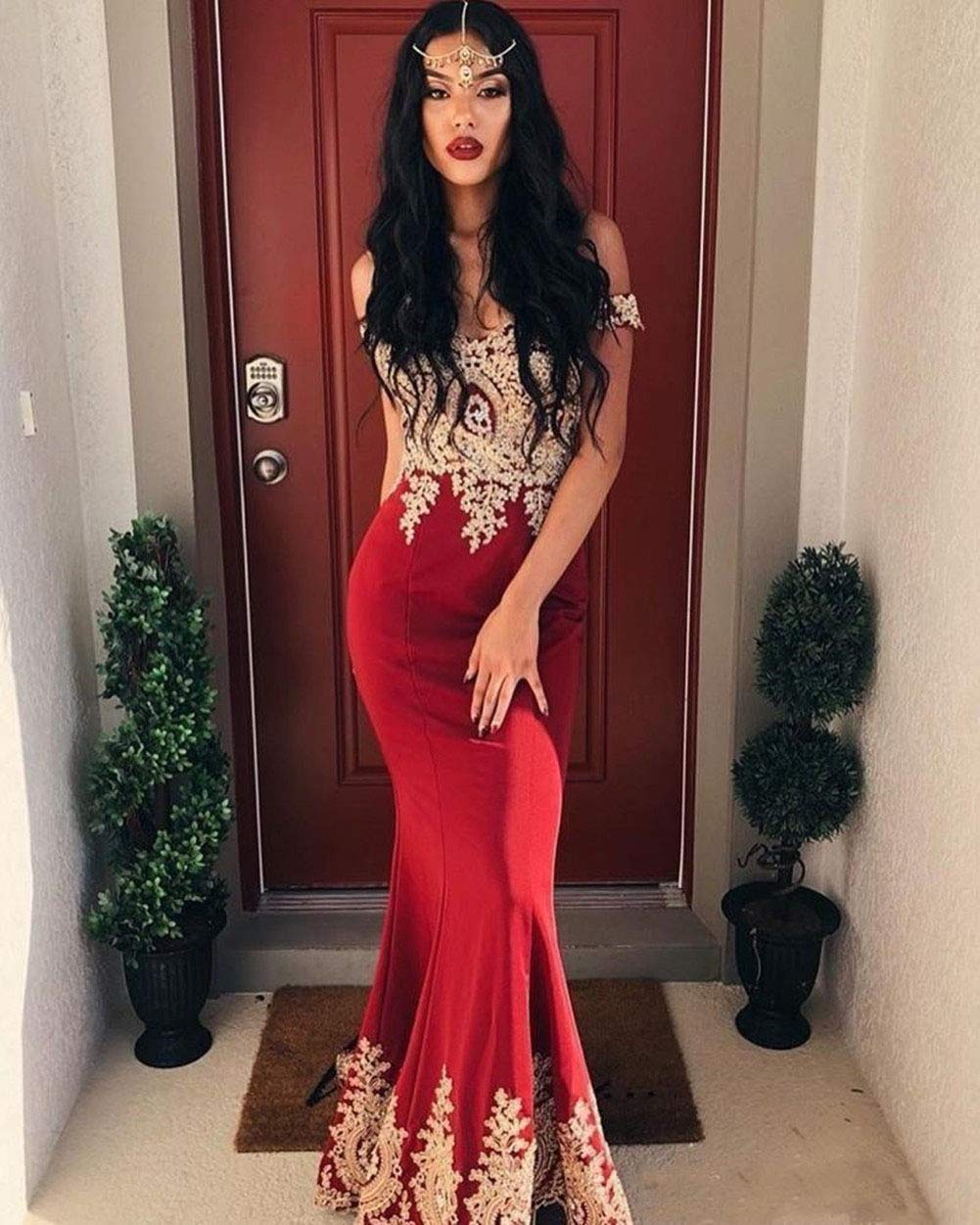 Emanni Women's Gold Lace Applique Mermaid Prom Dress - Off Shoulder Formal Evening Gown for Homecoming, Wedding Guest & Special Occasions