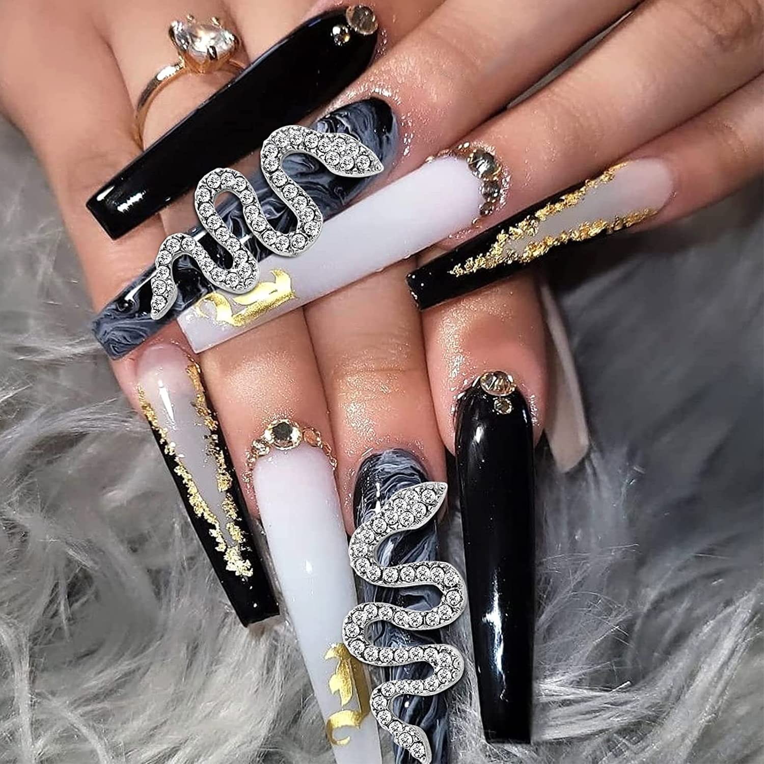 12pcs 3D Snake Nail Charms - Gold & Silver Alloy Nail Rhinestones for Acrylic Nails | Women's Nail Art Decorations | Perfect for Halloween, Gothic, or Party Nail Designs