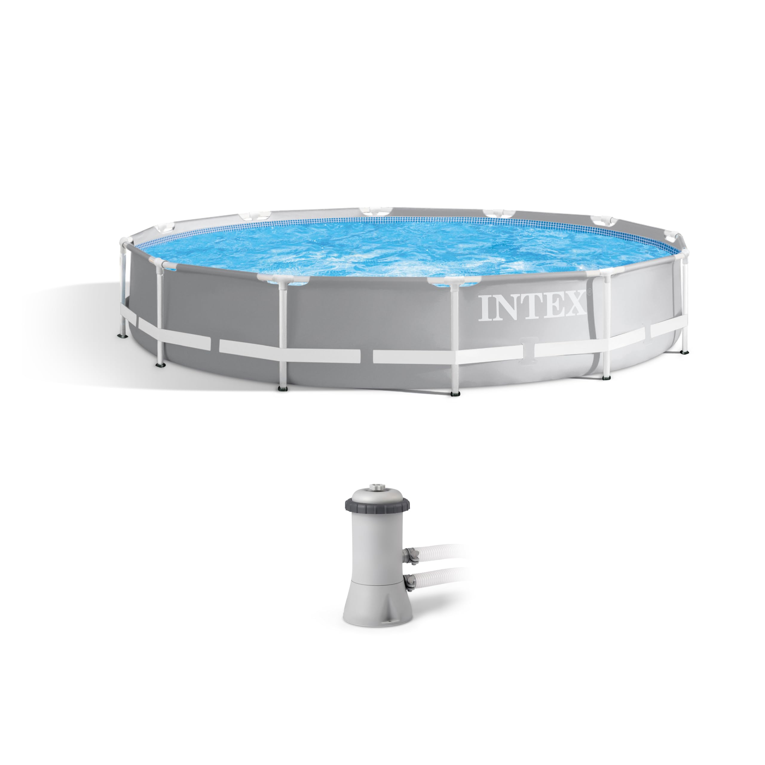 Intex Prism Frame 12ft x 30in Round Above Ground Swimming Pool Set with 530GPH Filter Pump & Steel Ladder - Durable Outdoor Backyard Pool for Family Fun, Summer Parties, and Kids Water Play