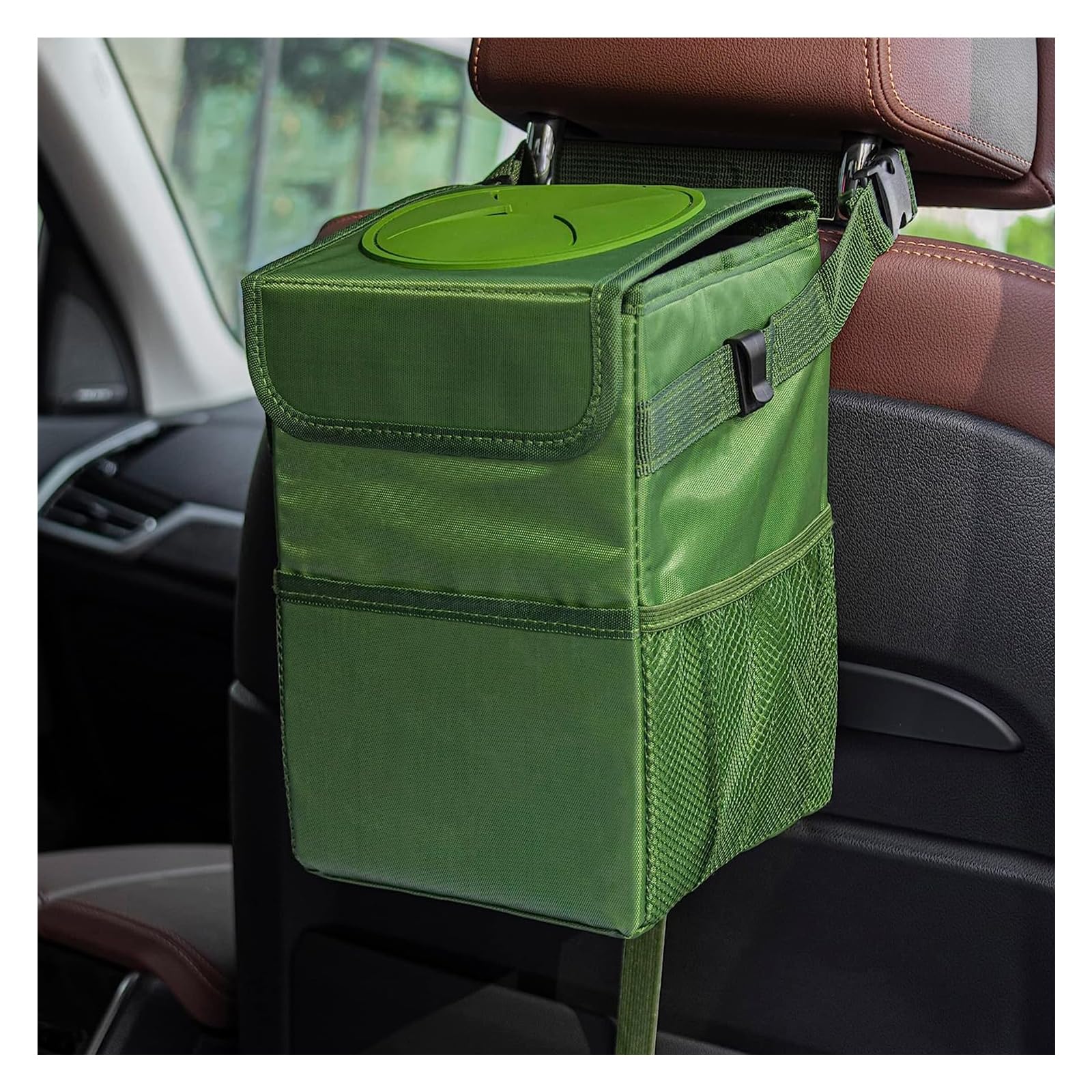 Kewucn Car Trash Can with Lid - Leak-Proof Oxford Fabric Auto Garbage Bin with Storage Pockets | Hanging Collapsible Vehicle Organizer | Universal Fit for Most Cars (Army Green) | Perfect for Road Trips, Commuting & Keeping Your Car Clean