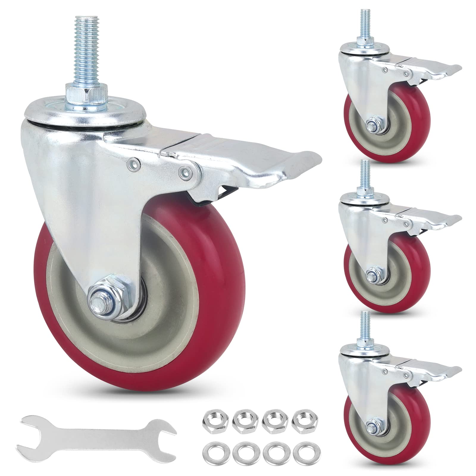 Heavy Duty Stem Casters with Brake - 4 Inch PU Swivel Wheels Set of 4, M12x30mm with Nut & Wrench - Quiet No Noise Rollers for Furniture, Workbenches, and Industrial Equipment