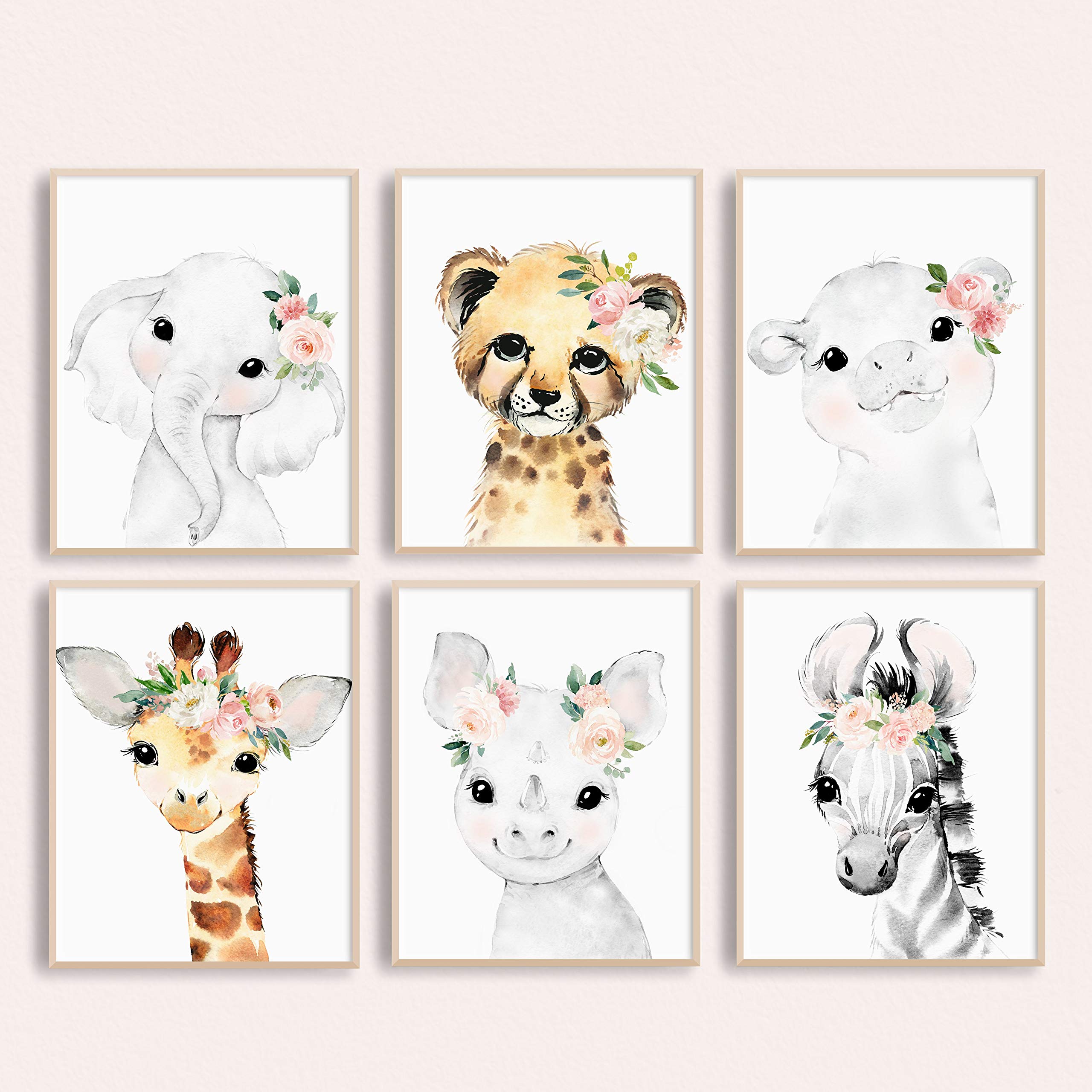 Cute Baby Girl Nursery Wall Art - Safari Animal & Floral Prints in Blush Pink - Nursery Decor for Girls - Perfect for Baby Shower Gifts & Nursery Room Decoration