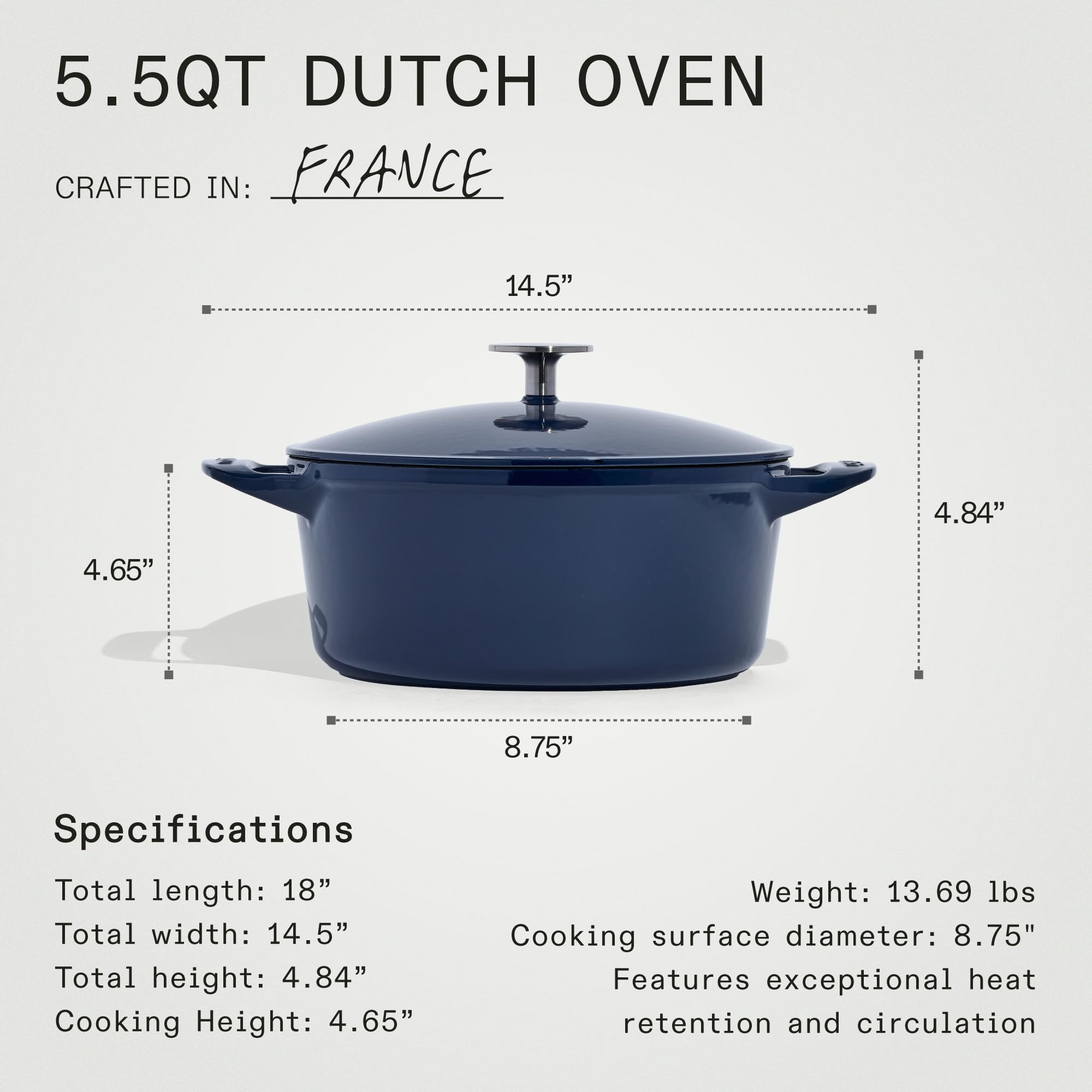 Premium 5.5 Quart Enameled Cast Iron Dutch Oven - Blue French Cookware with Superior Heat Retention & Durability - Induction Compatible Professional Kitchen Essential - Perfect for Braising, Baking & Slow Cooking at Home