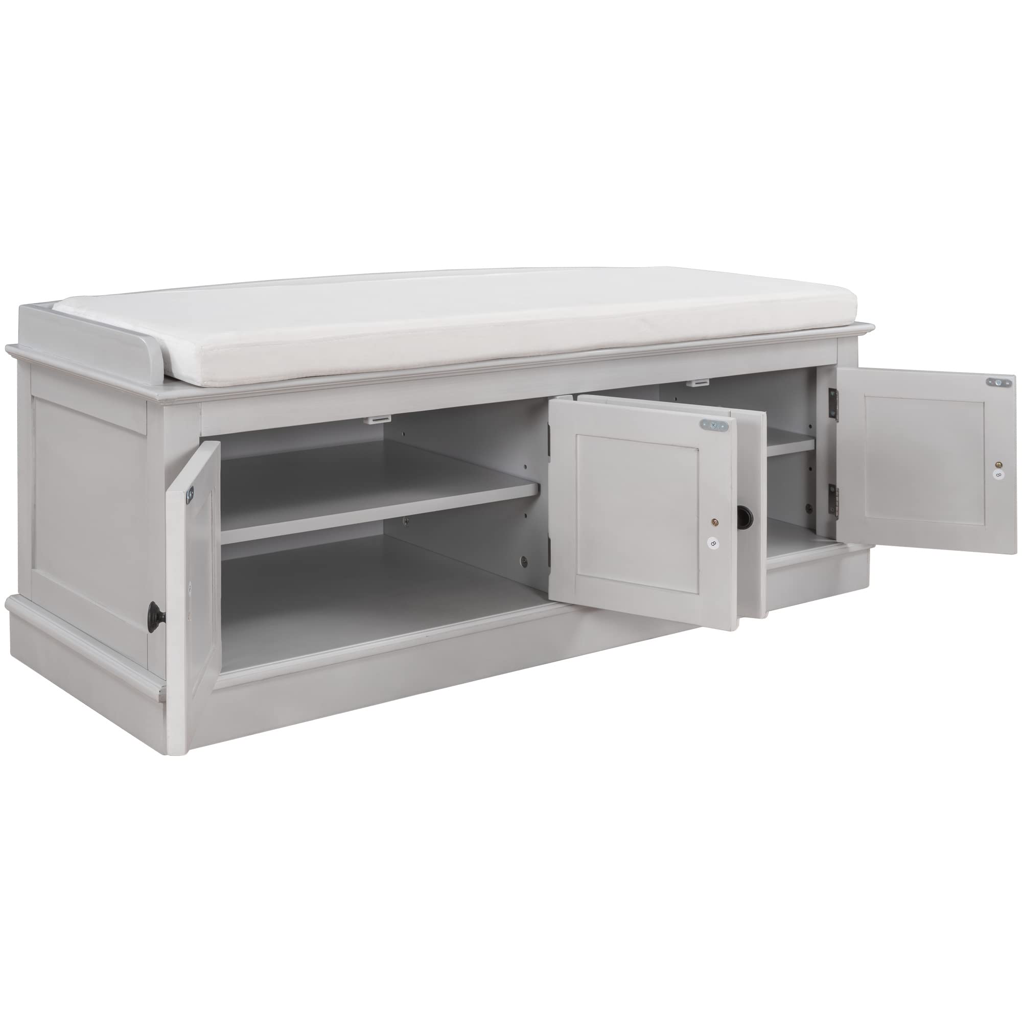Multi-Functional Storage Bench with 4 Doors & Adjustable Shelves - Shoe Organizer Bench with Removable Cushion for Entryway, Living Room, Hallway - Grey Wash Finish - Perfect for Small Space Organization & Shoe Storage Solutions
