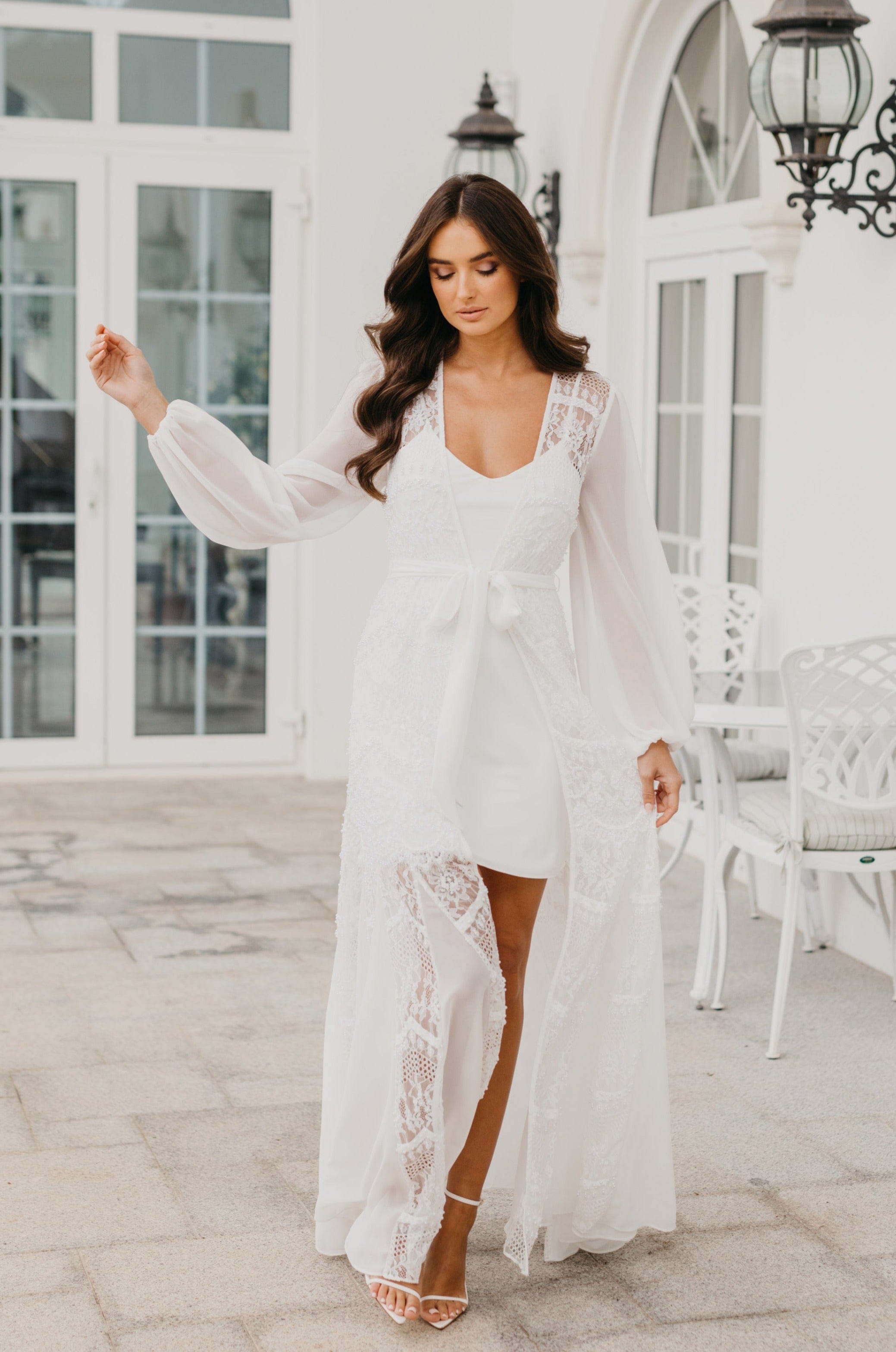 Elegant Hand-Beaded Pearl Maxi Bridal Robe with Slip - Perfect for Wedding, Bridal Shower & Honeymoon Getaway