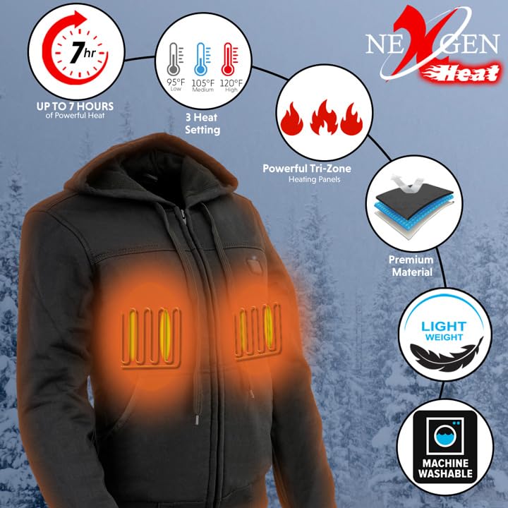 Nexgen Heat MPL2713SET Women's Black Heated Zip-Up Hoodie Jacket with Battery Pack - Warm Winter Outerwear for Hiking, Camping & Outdoor Sports