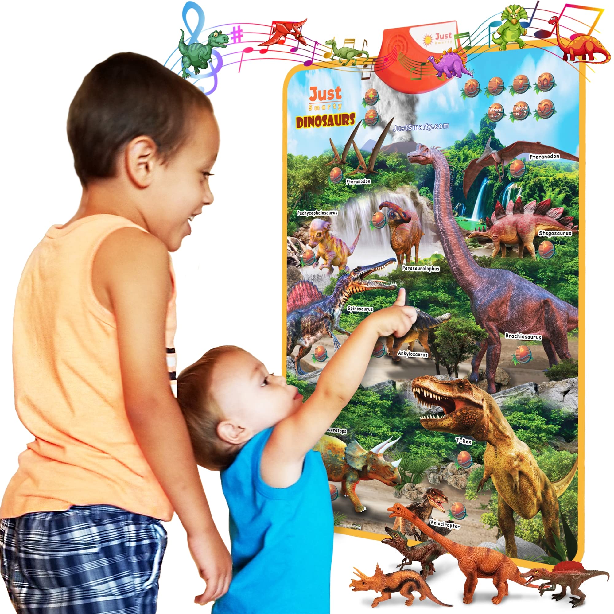 Just Smarty Interactive Dinosaur Toys & Learning Poster for Kids Ages 3-5 | Educational Dinosaur Set with Spinosaurus, T-Rex, Velociraptor & More | Perfect for Preschool Learning, Birthday Party Favors & STEM Playtime