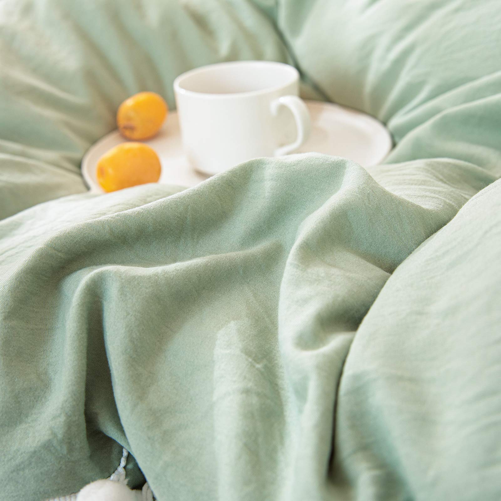 King Size Sage Green Pom Pom Comforter Set - 3 Piece Farmhouse Boho Bedding | 100% Washed Microfiber, Soft & Lightweight Fluffy Duvet Cover | Perfect for Master Bedroom, Guest Room & Cozy Farmhouse Decor