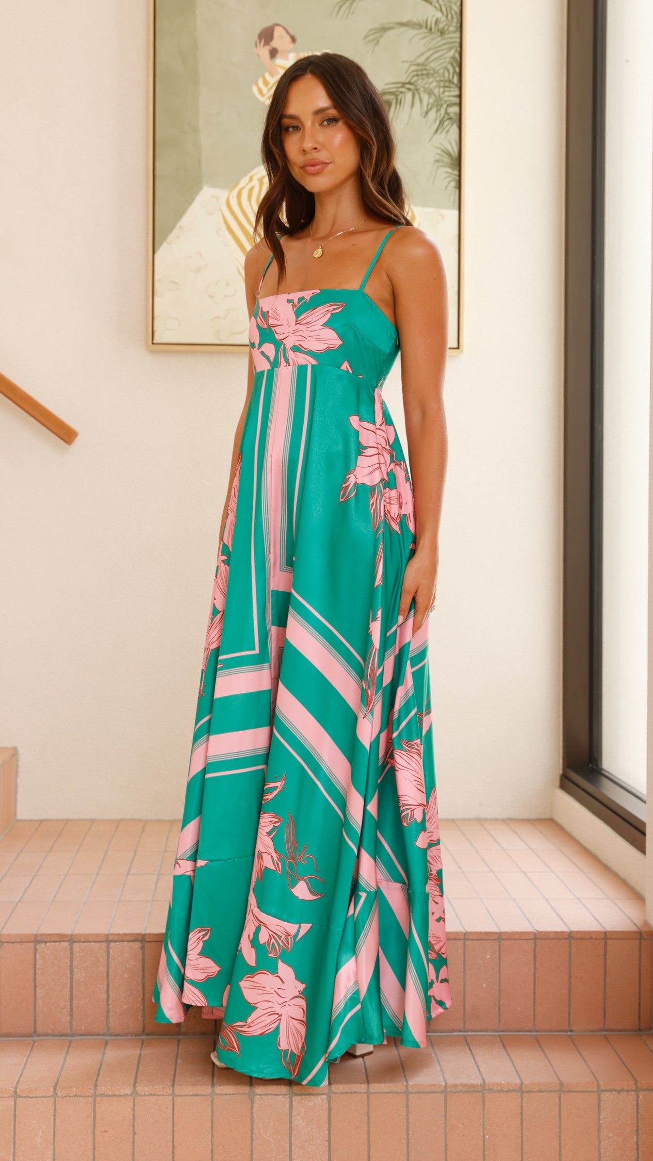 Kaethe Maxi Dress - Green & Pink Floral Summer Dress for Women | Beach Wedding, Vacation, Party Wear