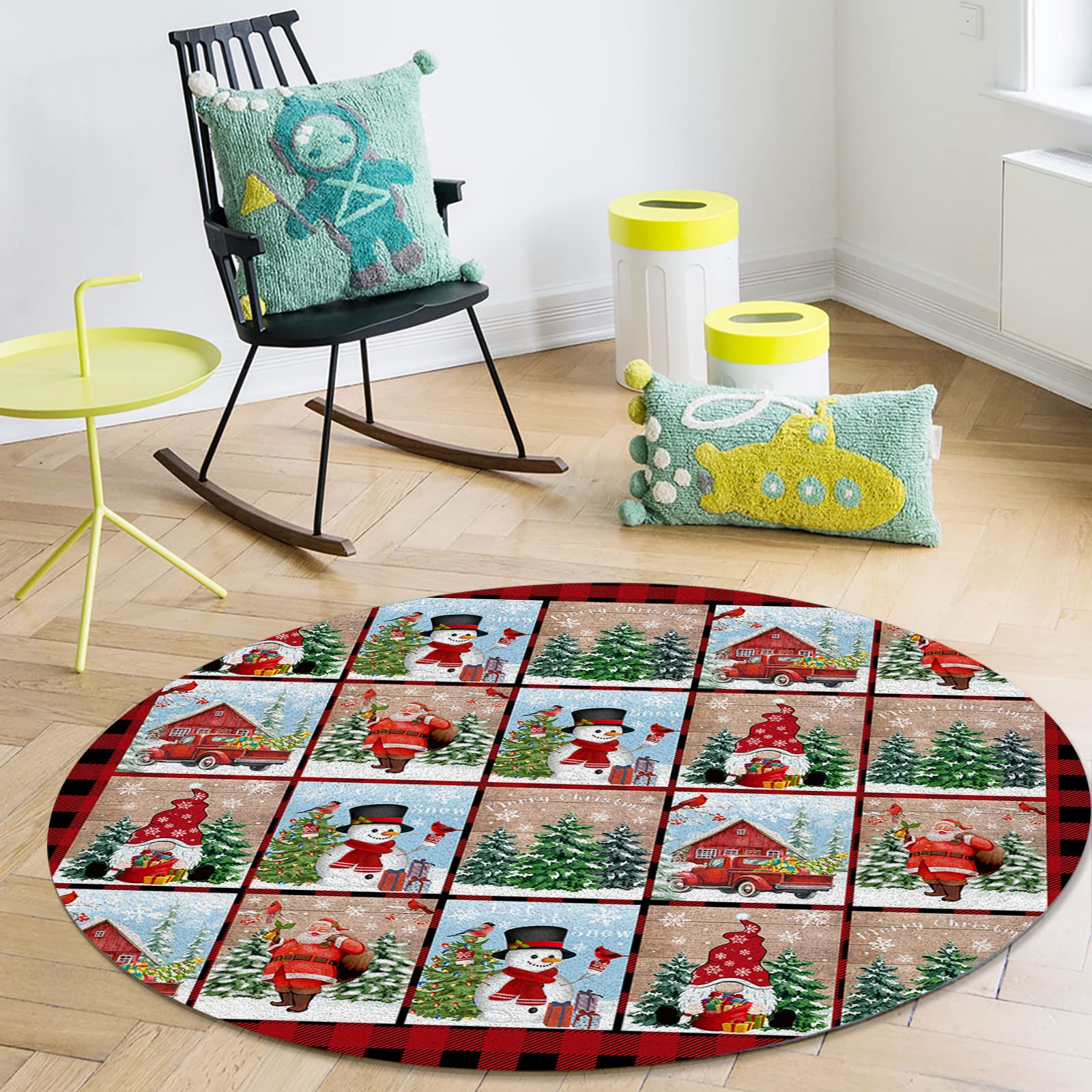 Large Round Non-Slip Christmas Plaid Area Rug - 3.3ft Washable Floor Mat for Bedroom, Living Room & Kids Room | Holiday Decor with Gnomes, Snowman & Santa Tree Design | Perfect for Winter Home Decor, Gift Giving & Cozy Seasonal Atmosphere