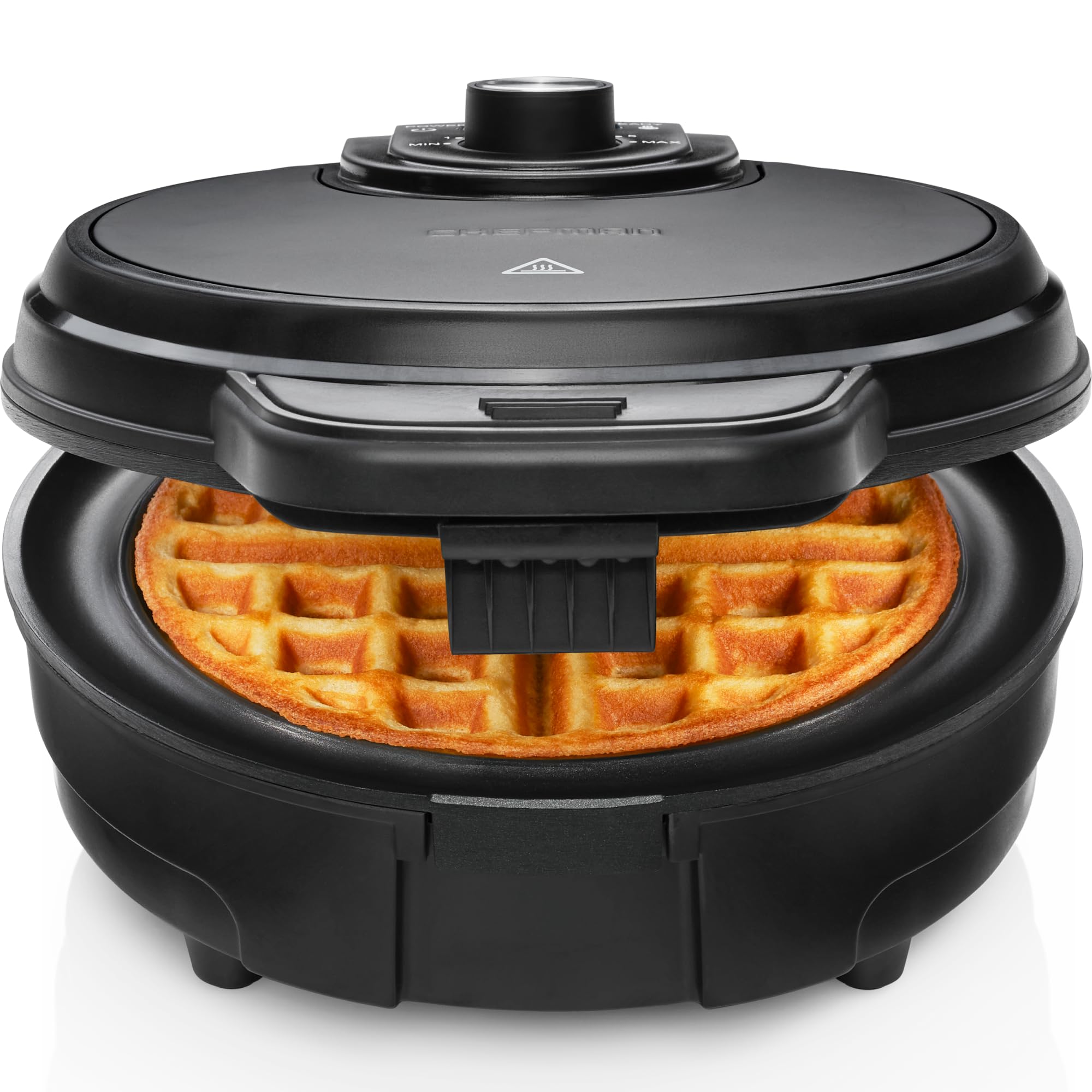 Chefman Anti-Overflow Belgian Waffle Maker with Shade Selector & Temperature Control - Nonstick Round Plates, Cool-Touch Handle, Measuring Cup - Black Stainless Steel - Perfect for Breakfast, Brunch & Family Gatherings