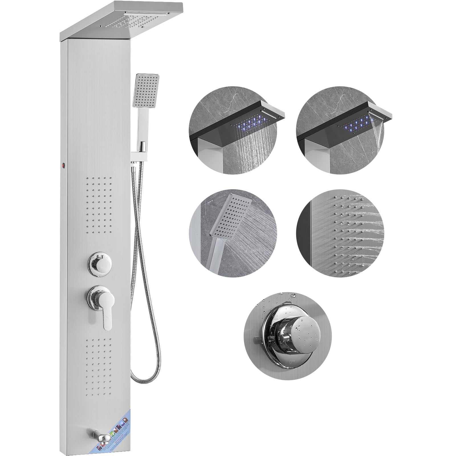VEVOR Stainless Steel Shower Panel System with 5 Shower Modes - LED Rainfall Shower Head, Waterfall, 2 Body Massage Jets, Tub Spout & Handheld Shower with 59