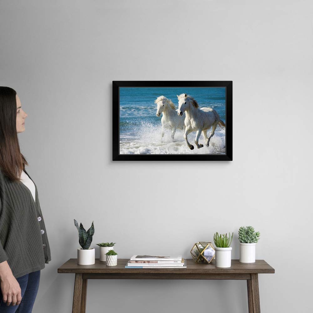 Camargue Horses Running on Beach - Black Framed Wall Art Print - Equestrian Home Decor for Living Room, Office & Bedroom
