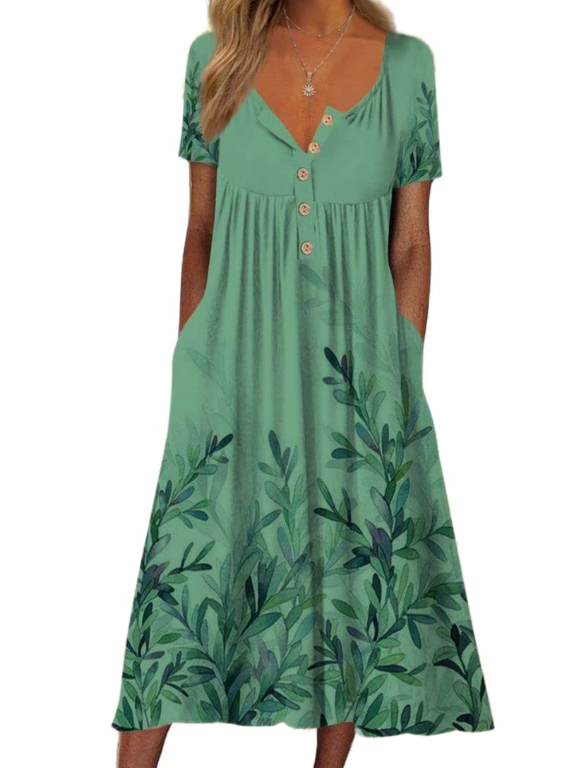Women's Floral Print Button-Up Short Sleeve Midi Dress - Casual Summer Beach T-Shirt Dress with Pockets | Perfect for Vacation, Outdoor Parties & Daily Wear
