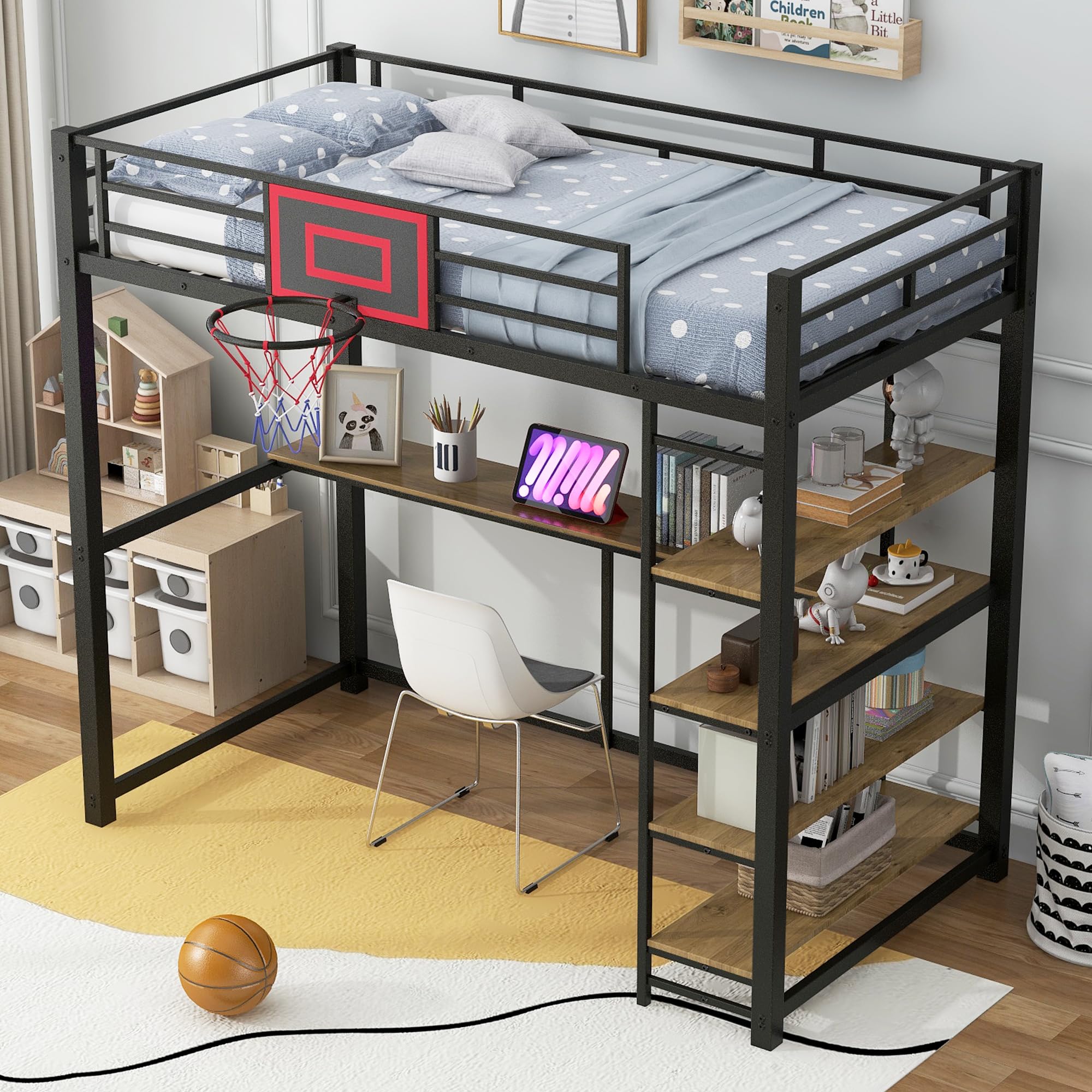 HABITRIO Twin Size Loft Bed with Shelves, Desk & Basketball Hoop - Sturdy Metal Frame for Kids & Teens - Space-Saving Study & Play Solution for Small Bedrooms (Black)