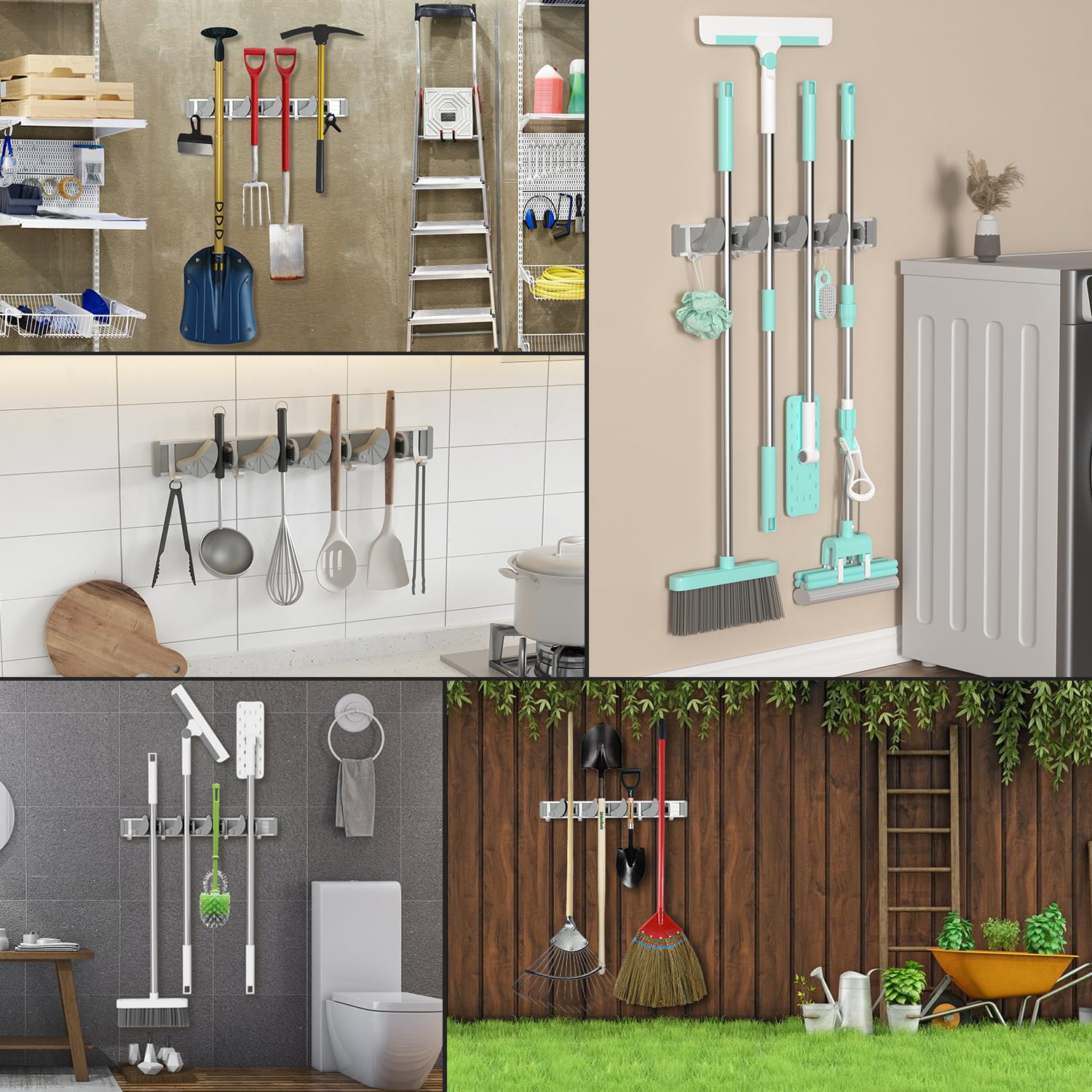 Holikme 4-Position Wall Mount Mop Broom Holder - Metal Pantry Organizer with 4 Hooks for Kitchen, Garden & Home Storage (Silver) - Perfect for Organizing Cleaning Tools in Laundry Rooms, Garages & Utility Closets
