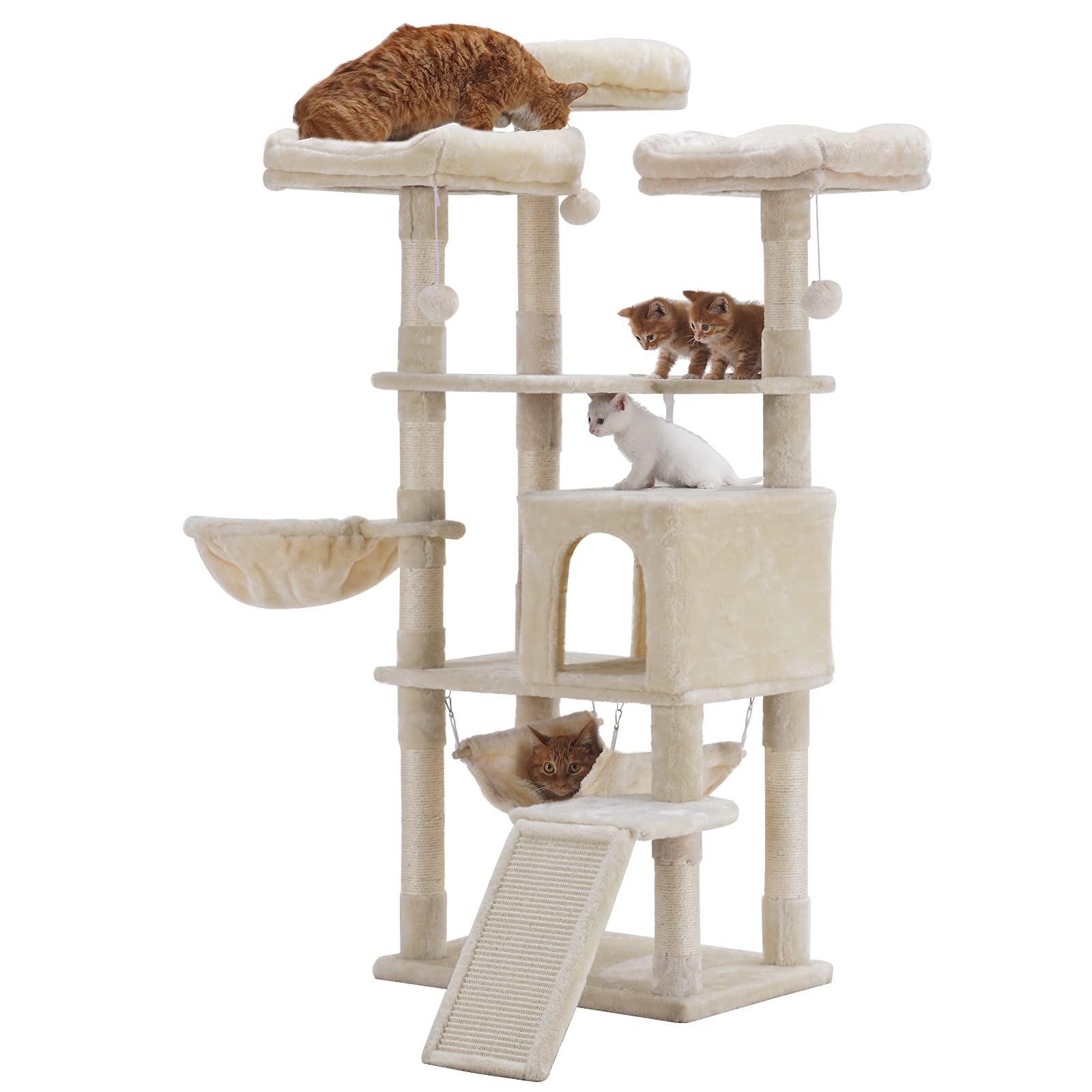 Hey-brother Multi-Level Cat Tree with Large Hammock - 3 Cozy Perches & Scratching Posts - Sturdy Cat Tower for Kittens & Big Cats (Beige) - Perfect for Indoor Play, Climbing & Relaxation