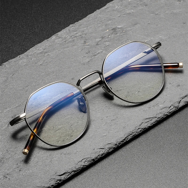 Unisex Black Titanium Polygon Round Full Rim Eyeglasses 14919 - Stylish & Durable for Work, Reading & Everyday Wear