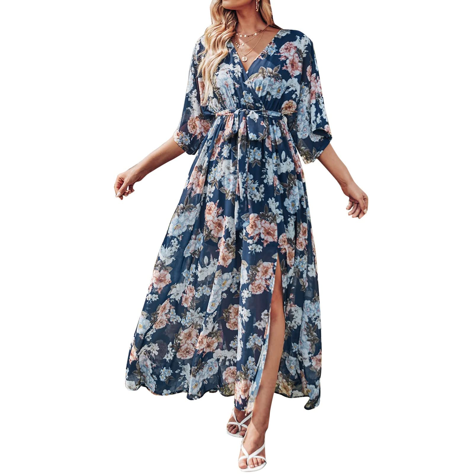 Boho Floral Embroidered Summer Maxi Dress for Women - Short Sleeve Tiered Ruffle Flowy Long Dress - Perfect for Beach Vacation, Casual Outings & Summer Parties