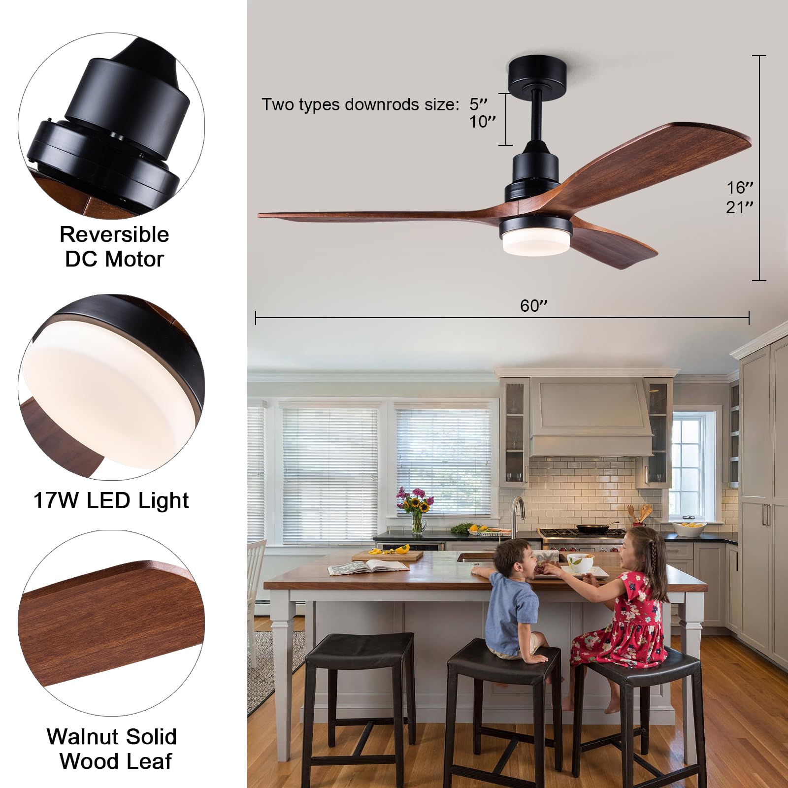 BOJUE 60 Inch Indoor Outdoor Ceiling Fan with Light and Remote Control - Dimmable LED, Quiet DC Motor, 3 Wood Blades - Perfect for Patio, Living Room, Bedroom, Office & Summer House | Energy Efficient Cooling Solution for Year-Round Comfort