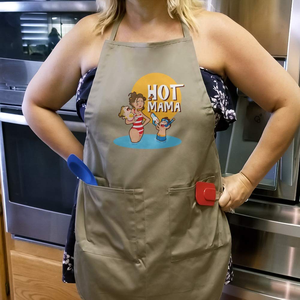Hot Mama Mother with Kids at the Beach Pool Apron with Pockets - Funny Graphic Kitchen Apron for Women - Perfect for Cooking, Grilling, and Outdoor Parties