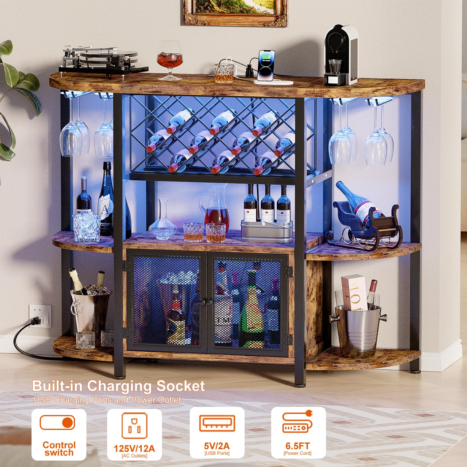 Industrial Wine Bar Cabinet with LED Lights & Power Outlets - Freestanding Coffee Liquor Cabinet with Glass Storage - Rustic Brown Farmhouse Kitchen/Dining Bar Cabinet - Perfect for Home Entertaining & Wine Display