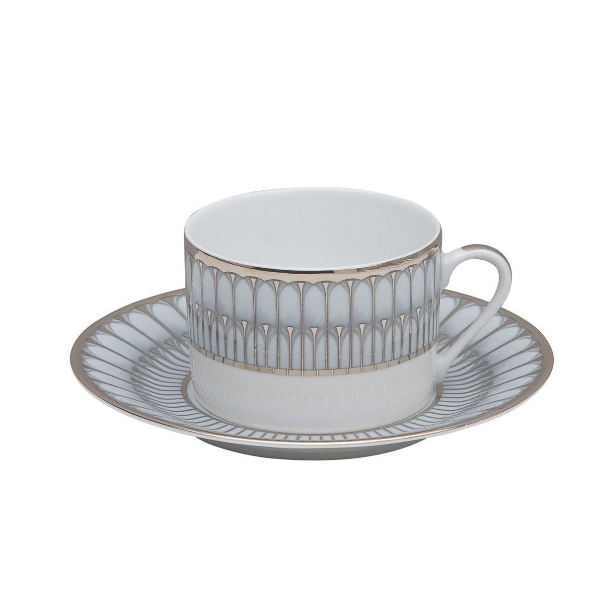 Elegant Arcades Grey & Platinum Tea Cup and Saucer Set - Perfect for Afternoon Tea, Bridal Showers, and Vintage-Inspired Home Decor