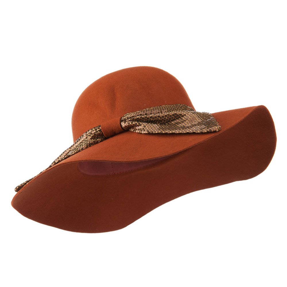 Wool Felt Wide Brim Hat with Big Sequin Bow - Pecan Brown | Fashion Winter Hat for Women, Outdoor Events & Holiday Parties