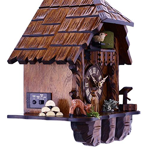 10 Inch Quartz 12 Melody Cuckoo Clock with Hand-Carved Wooden Case & Feeding Deer Design - Brown Wall Clock for Home, Cabin, and Office Decor