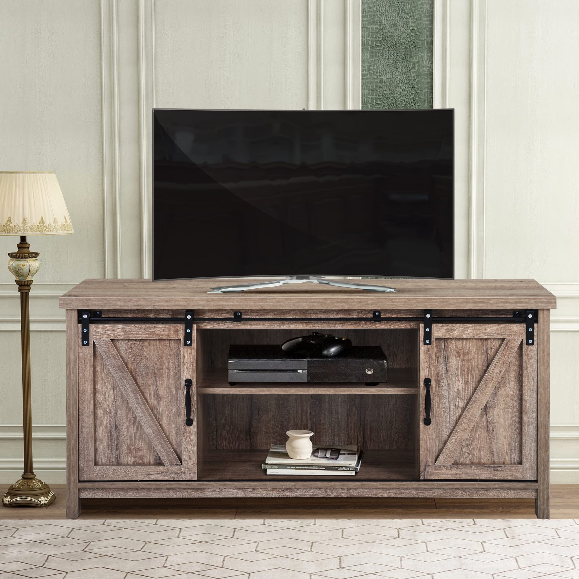 Farmhouse Wood TV Stand with Double Sliding Barn Doors & Open Shelves - Rustic Entertainment Center & Storage Cabinet for Living Room, Bedroom, Kitchen | Perfect for Home Theater Setup & Cozy Living Spaces (Oak Finish)