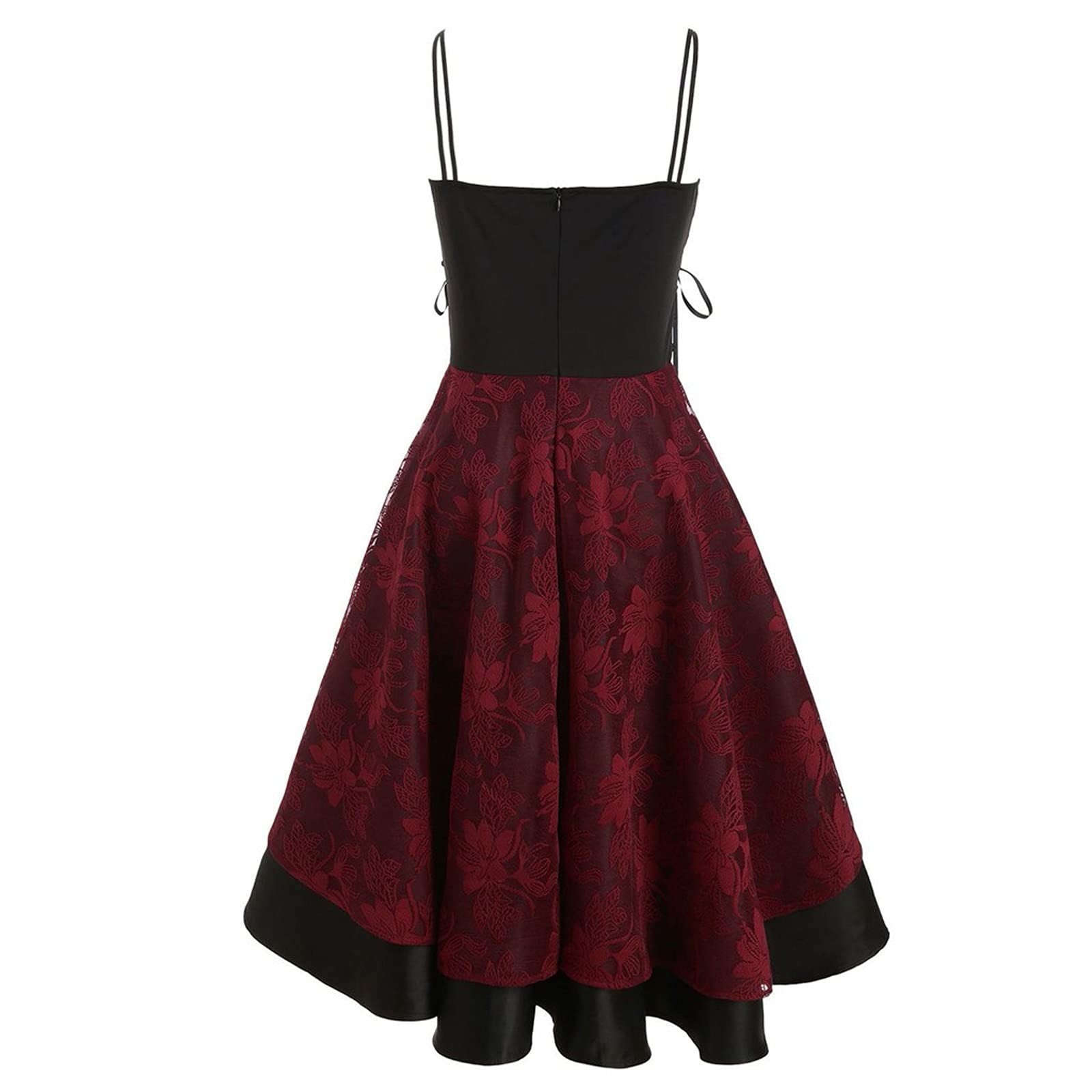 Gothic Punk Dresses for Women - Pleated Cami Midi Dress with Drawstring Waist & Lace Spaghetti Straps | Perfect for Halloween, Cosplay, Concerts and Alternative Fashion