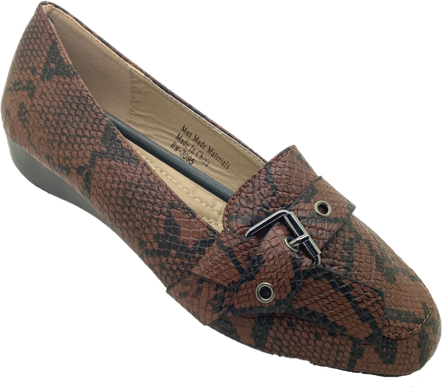 Victoria K Women's Snake Skin Texture Wedge Flat Shoes - Comfortable Everyday & Work Shoes with Cushion Support | Buckle Strap Design for Fall, Winter & Spring | Perfect for Office, Casual Outings & Travel
