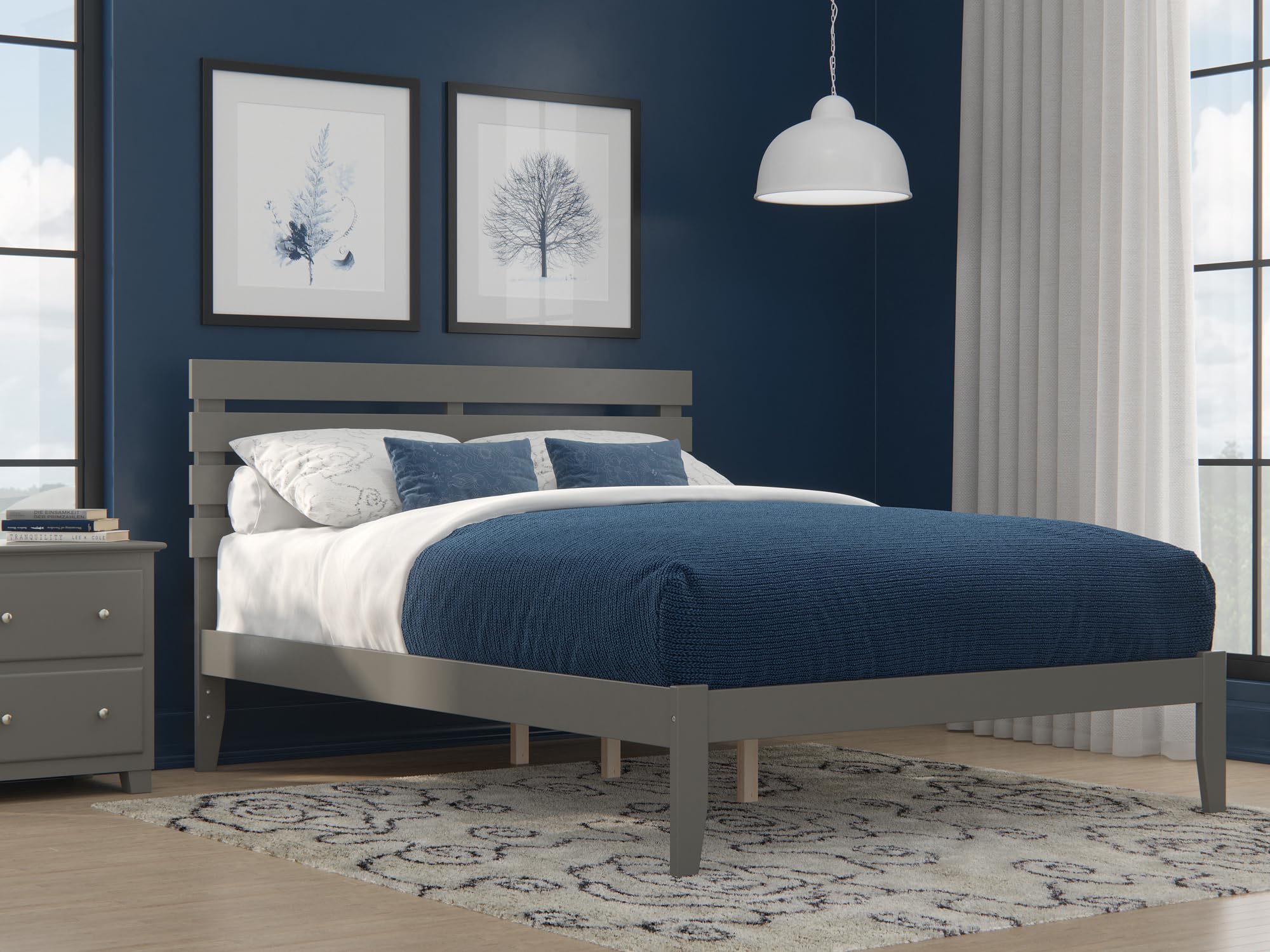 AFI Oxford Queen Size Platform Bed Frame with USB Charging Station, Modern Grey Wooden Bed - Perfect for Small Bedrooms, Guest Rooms & Apartments