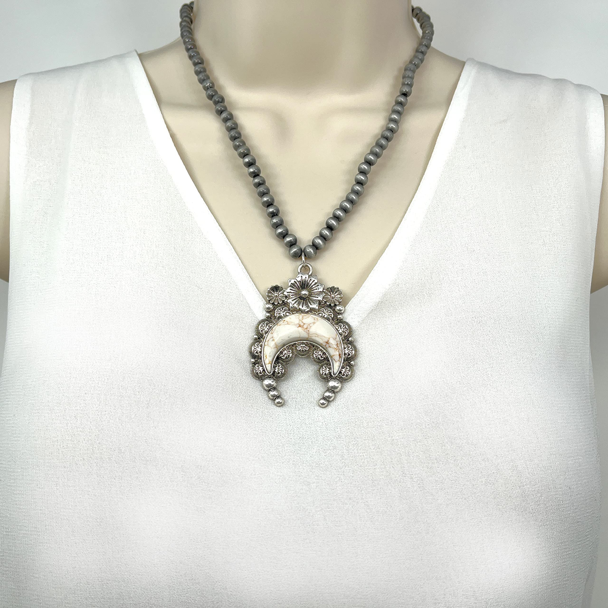 Authentic Western Squash Blossom Faux Navajo Pearl Necklace - 18 Inch Sterling Silver Jewelry for Women | Perfect for Boho Fashion, Western Style & Special Occasions