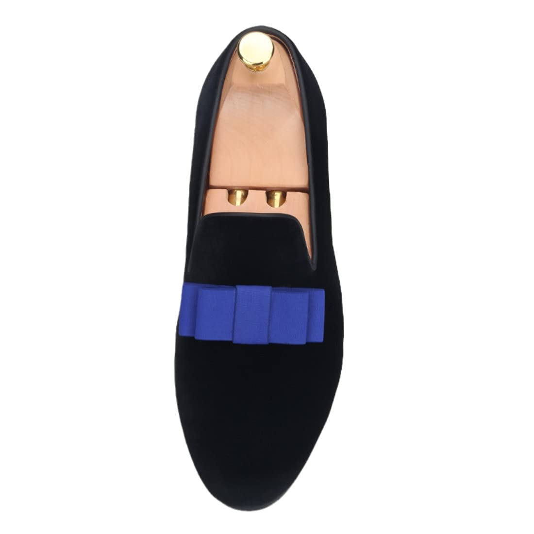 FERUCCI Men's Black Velvet Loafers with Blue Bow Tie - Formal Dress Shoes for Wedding, Prom, Party & Special Occasions