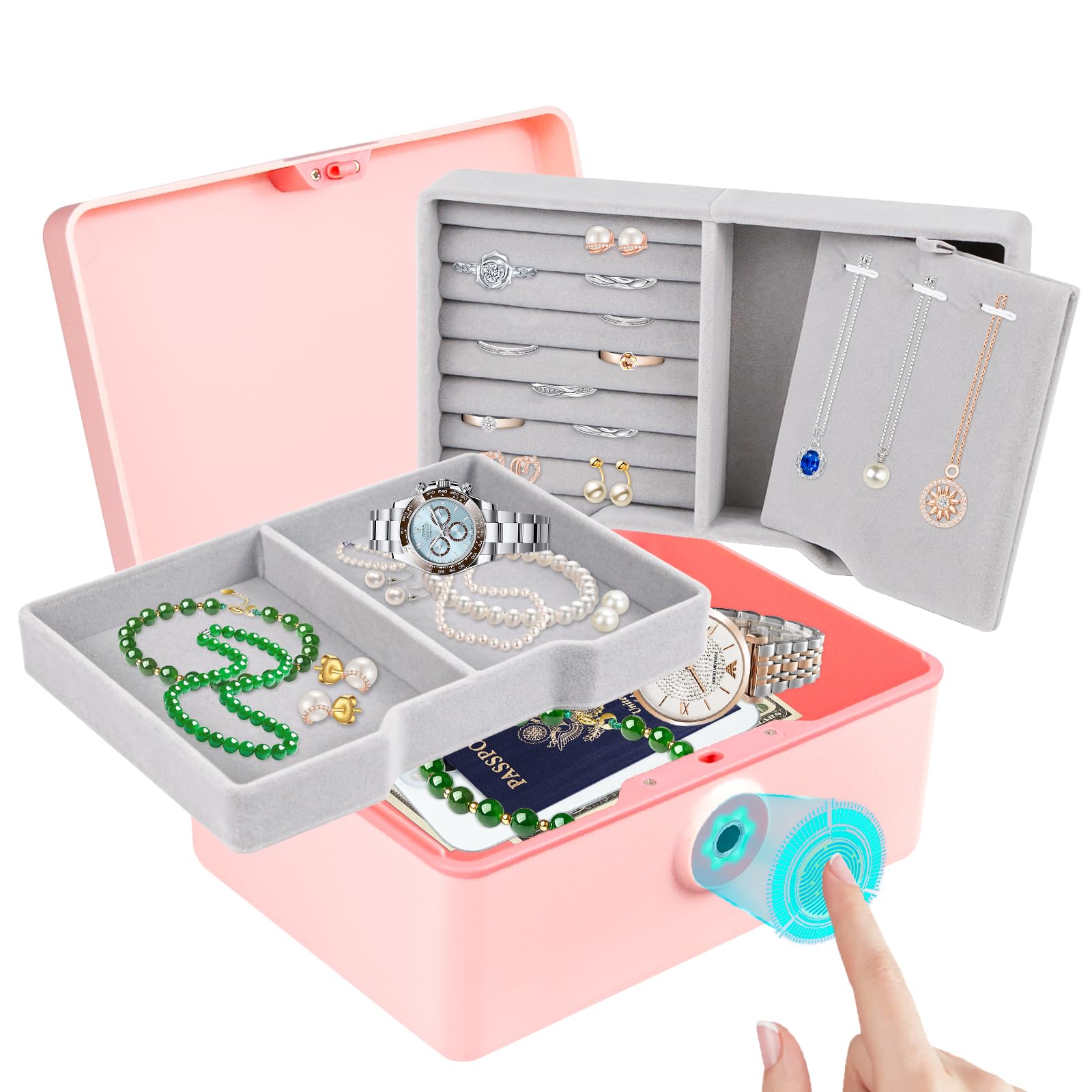 3-Layer Fingerprint Safe Storage Box - Large Capacity Portable Jewelry Organizer with Security Lock for Women & Girls - Ideal for Home, Office, School, Travel & Gifts (Pink, 2 Trays) - Perfect for Storing Cash, Valuables & Personal Items Securely
