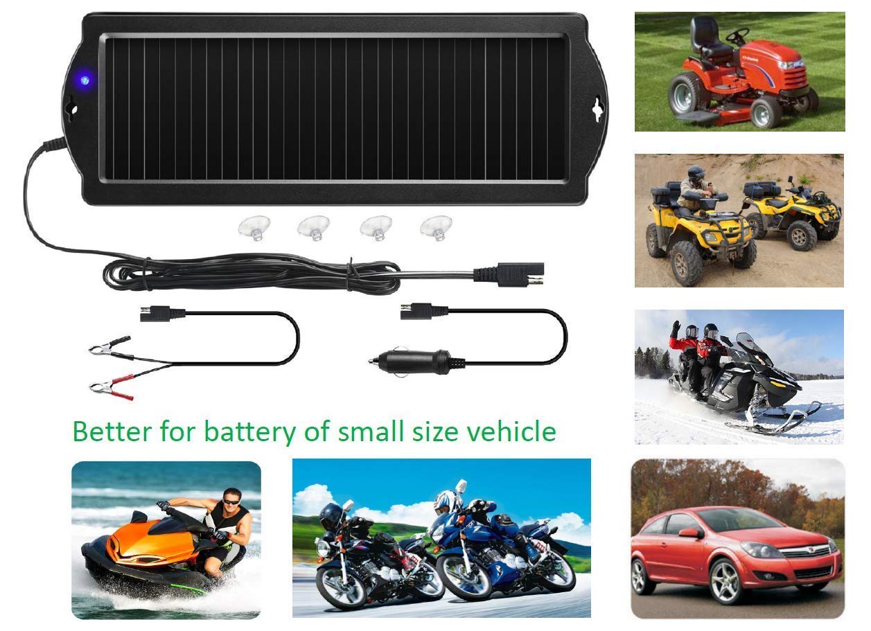 Sunway 12V Solar Car Battery Trickle Charger & Maintainer with Cigarette Lighter Plug & Battery Clamps - Compatible with Cars, Motorcycles, Boats, RVs, Snowmobiles & Watercraft - Ideal for Long-Term Vehicle Storage & Outdoor Adventures