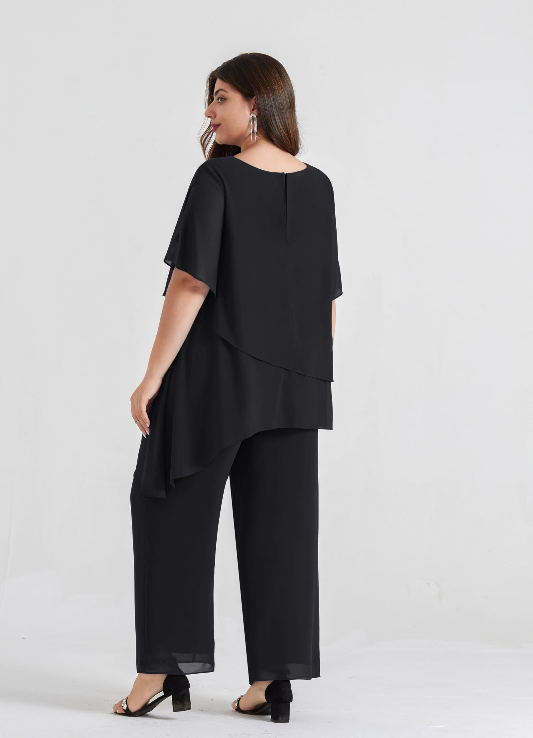 Hanna Nikole 2025 Plus Size Mother of The Bride Pant Suit 2-Piece Chiffon Set with Ruffle Asymmetric Layers - Elegant Wedding Guest Outfit for Formal Occasions, Rehearsal Dinners & Special Events
