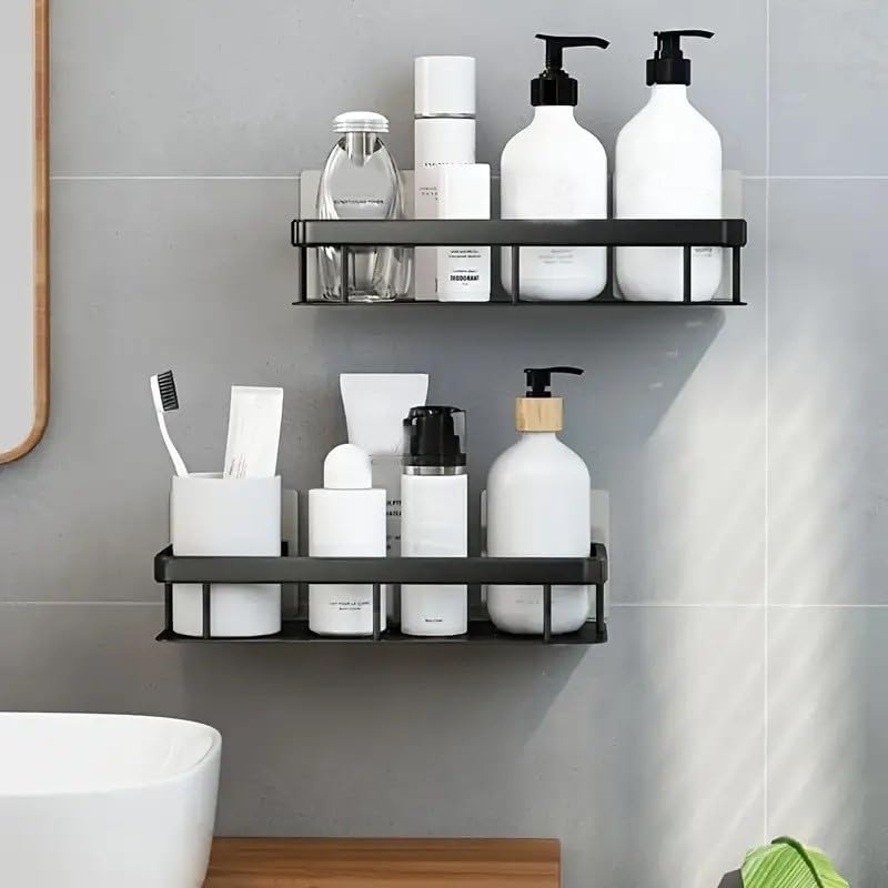 SPITEN White Plastic Rectangular Wall Shelves - 2 Pack Self-Adhesive Bathroom Storage Rack, Strong Shower Shelf for Organizing Toiletries, Cosmetics & Essentials - Perfect for Small Spaces, Apartments & Dorm Rooms