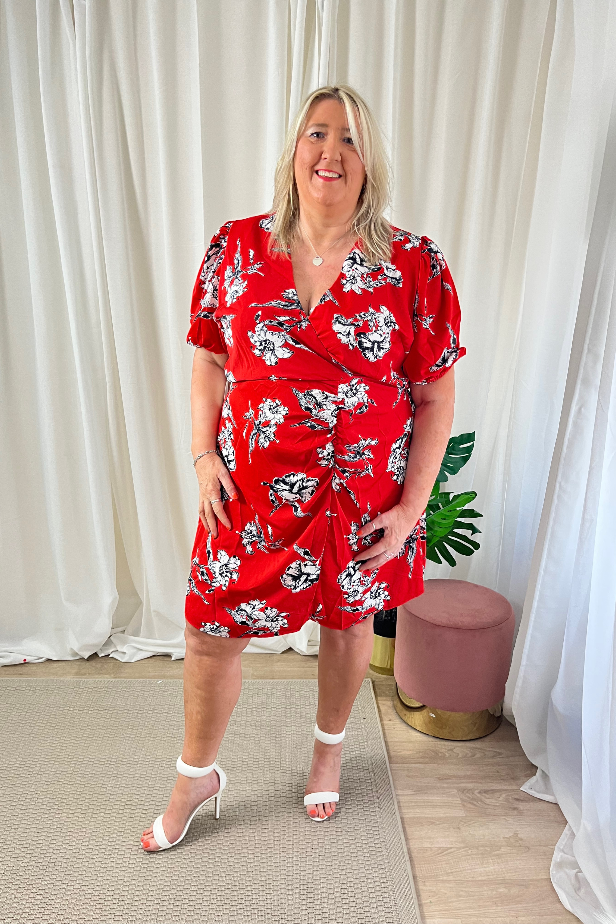 Plus Size Red Floral Dress for Women - Elegant Summer Midi Dress with V-Neck & Flowy Skirt - Perfect for Weddings, Parties & Date Nights