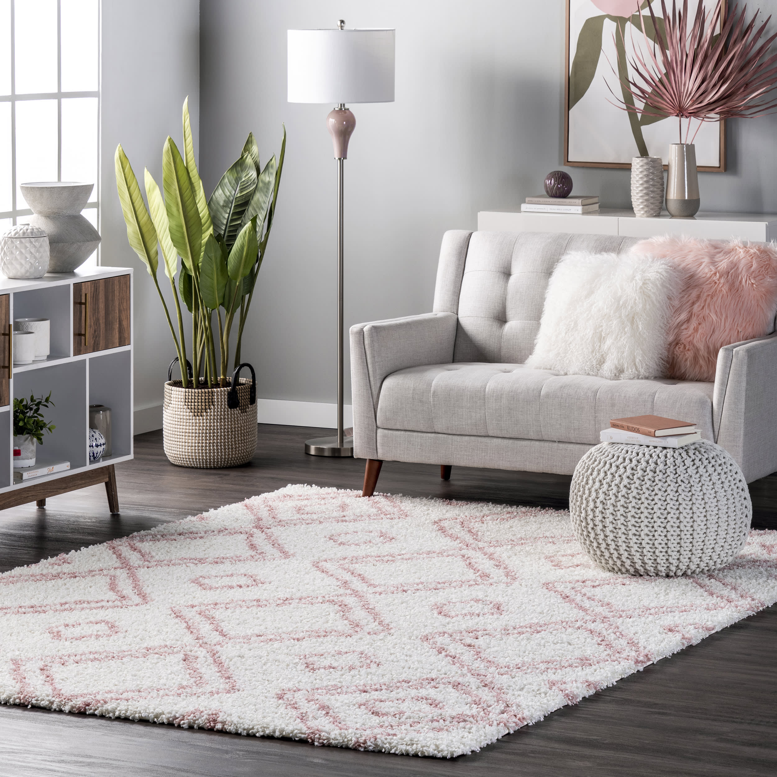 Luxury Double Diamond Shag Rug - Soft Plush Pink Area Rug for Bedroom & Living Room | Cozy Home Decor for Girls Room, Nursery, Dorm
