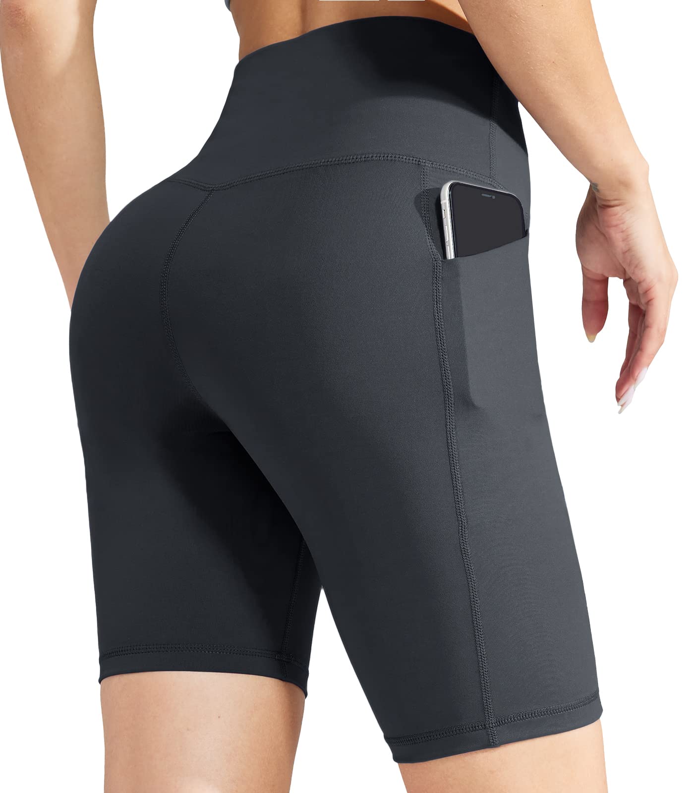 MIER Women's High Waist Yoga Shorts - 8 Inch Compression Biker Shorts with Side Pockets & Tummy Control for Workout, Running, Gym & Lounge Wear