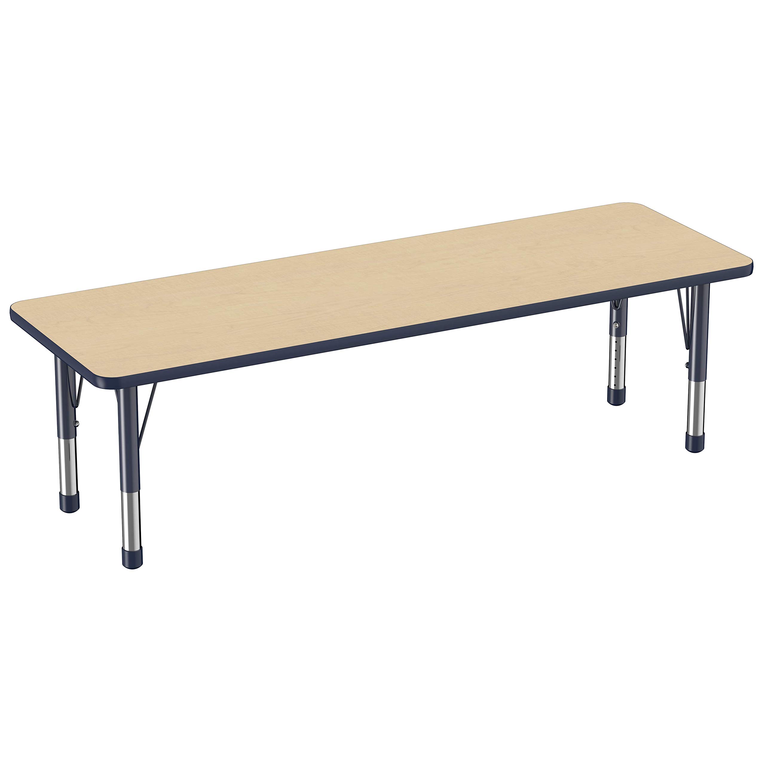 FDP Adjustable Height Kids Activity Table 24x72 Inch - Maple Top with Navy Edge, Chunky Toddler Legs for School & Classroom (15-24 Inch Height Range) - Perfect for Preschool Learning, Arts & Crafts, and Group Activities