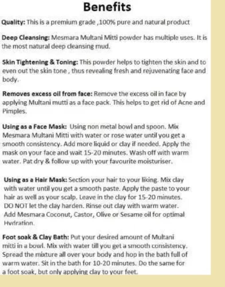 Organic MASHKI Multani Mitti (Fuller’s Earth Clay) for Glowing Skin & Healthy Hair - Natural Calcium Bentonite Clay Face Mask & Hair Treatment Powder - Perfect for Spa, Salon & Commercial Use
