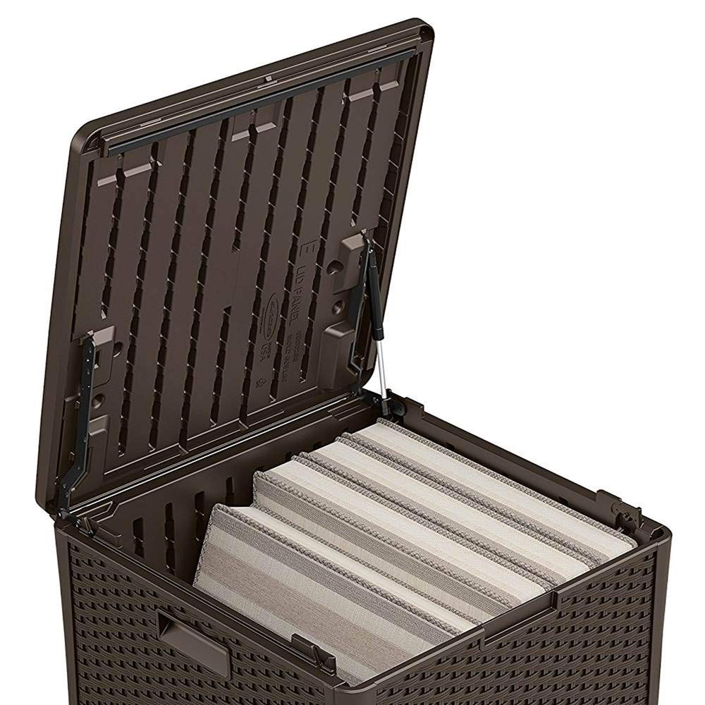 Suncast 60 Gallon Resin Wicker Deck Storage Box - 2 Pack, Java Brown - Outdoor Patio Furniture Organizer for Cushions, Toys & Garden Tools